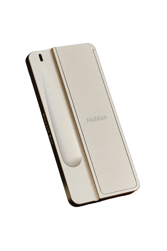 MoNian Rituals Box in champagne‑silver aerospace‑grade aluminum, minimalist portable incense case with an integrated ash channel and magnetic closure