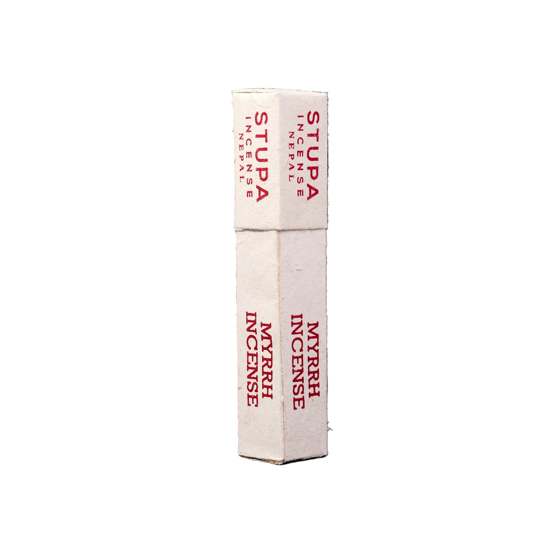 Two boxes of Myrrh Incense labeled 'Stupa' on a black background