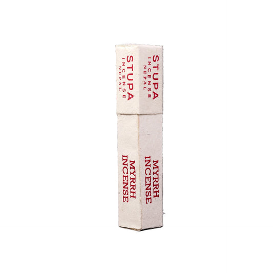 Two boxes of Myrrh Incense labeled 'Stupa' on a black background