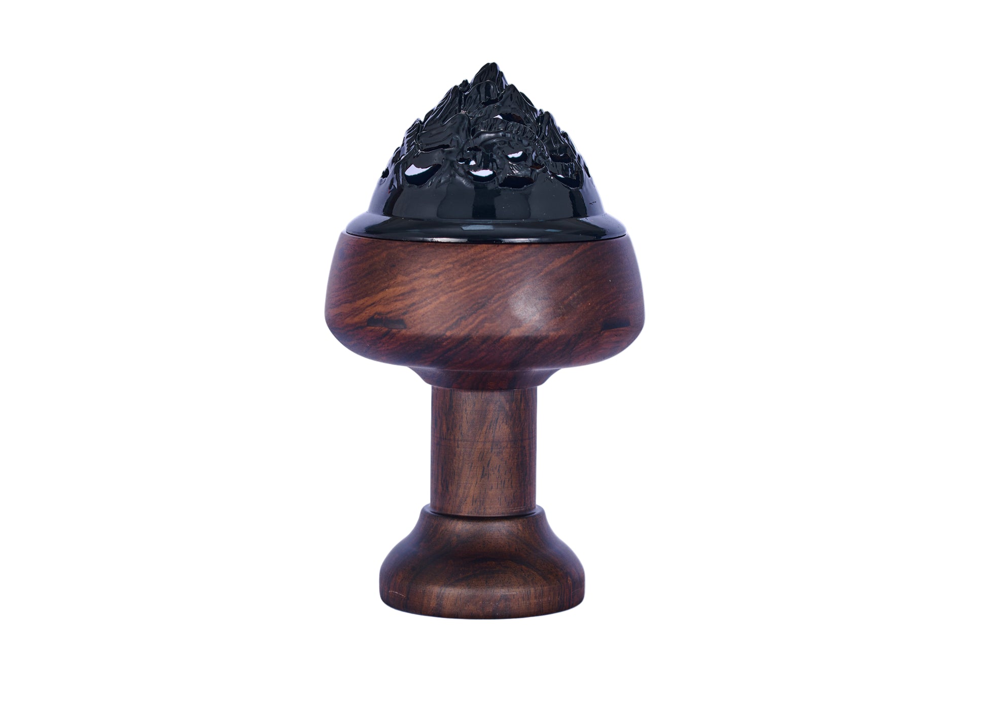 Wooden incense burner with black decorative top on a white background