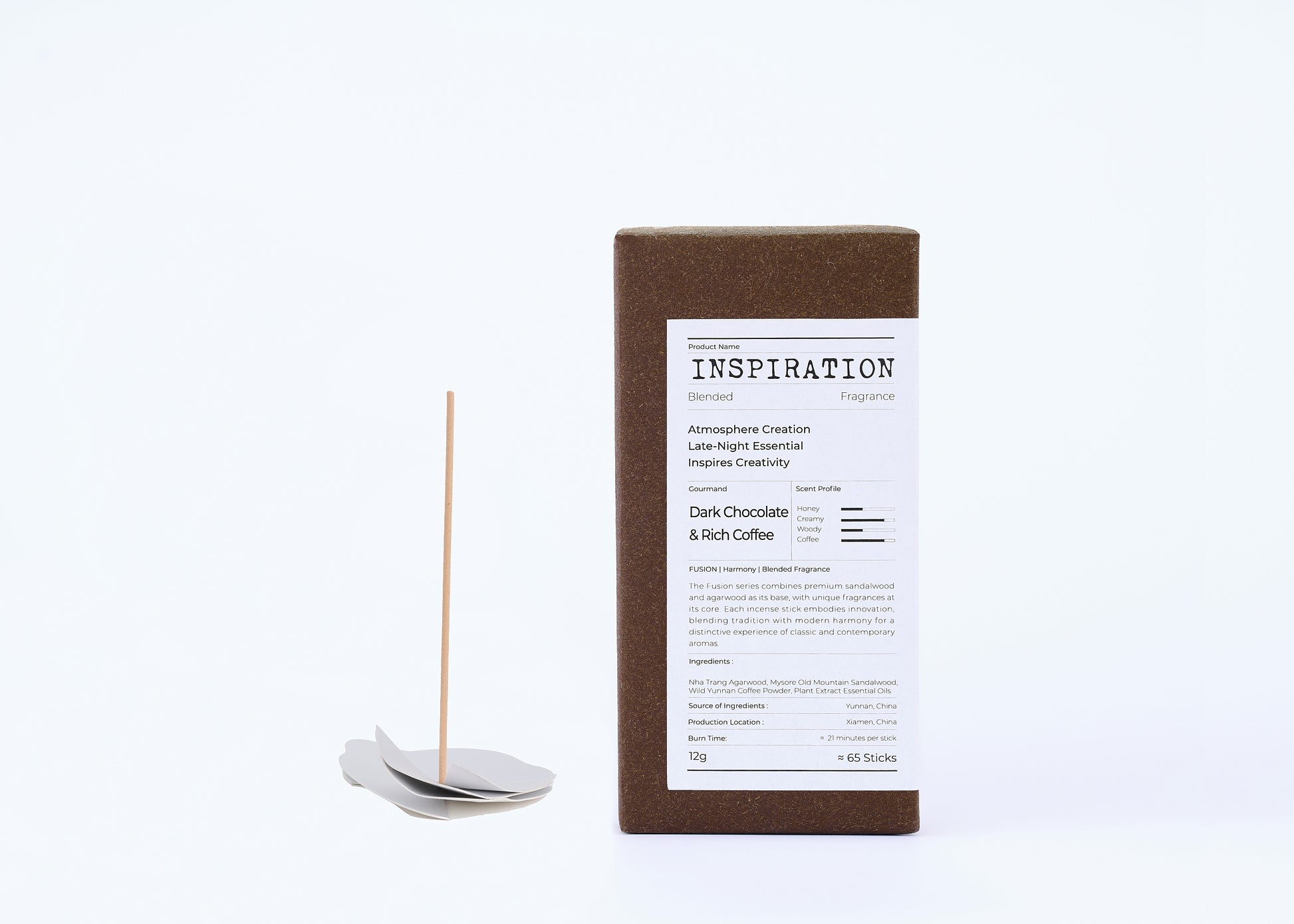 Incense stick with a packaging label on a white background