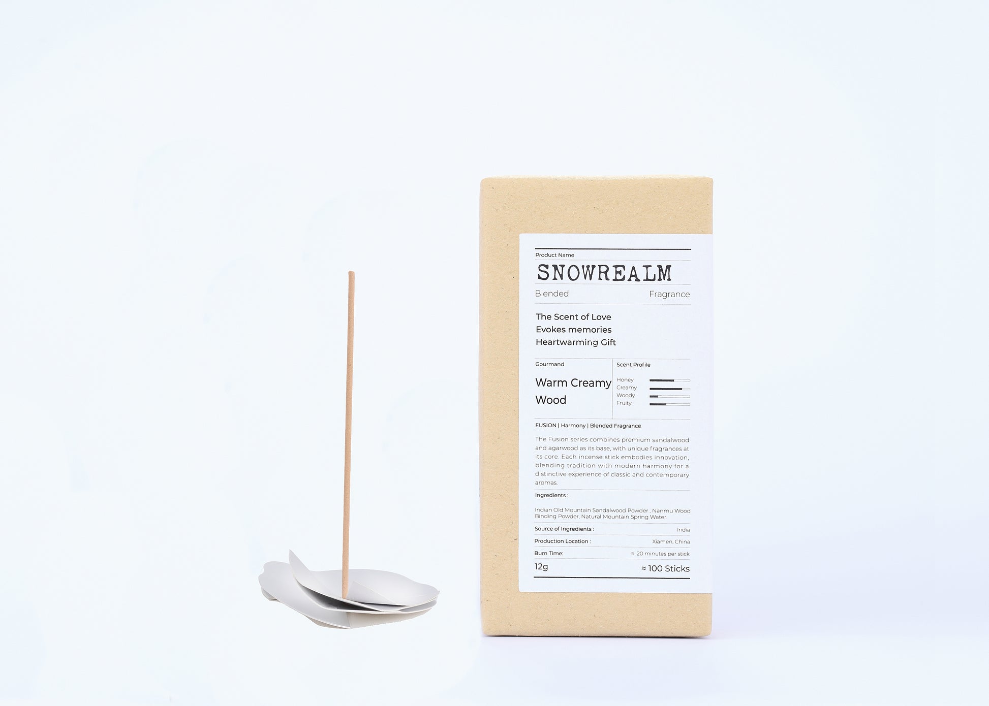 Snowrealm incense packaging with incense sticks on a white background