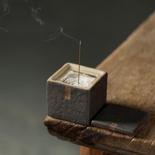 Wabi-Sabi Cube Ceramic Incense Burner – Brass Accent, Handmade