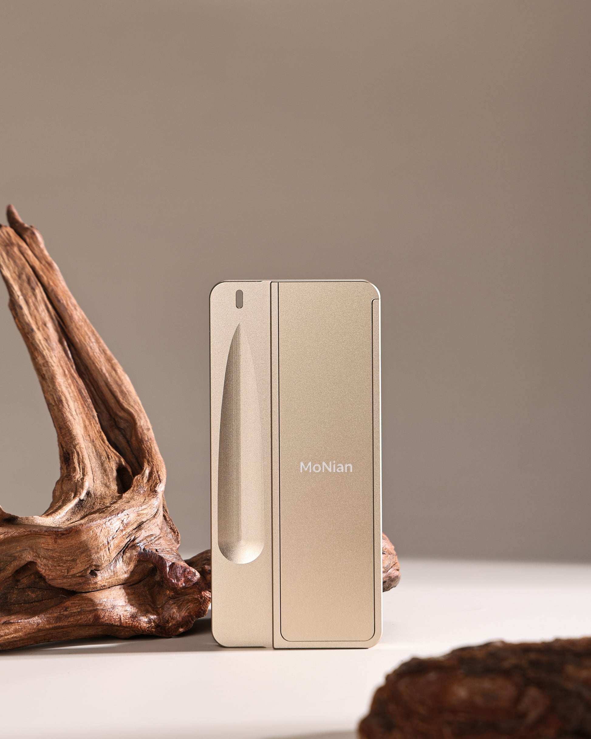 Monian Rituals Box open on driftwood showing integrated ash tray and incense groove design